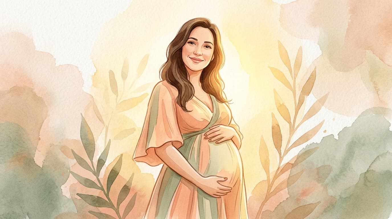 Gestante serena com as mãos na barriga em meio à natureza, representando a jornada do parto