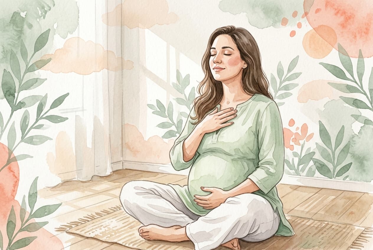 Gestante praticando respiração consciente com os olhos fechados, uma mão no peito e outra na barriga, em ambiente sereno