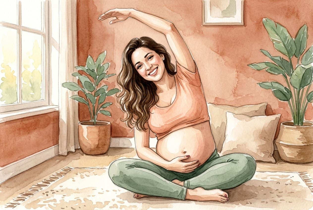 Mulher grávida se alongando suavemente em um ambiente calmo e aconchegante, em aquarela