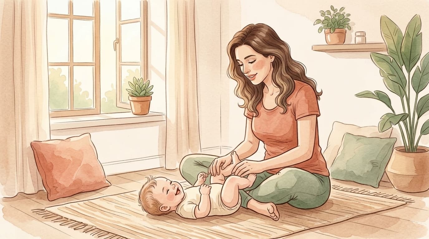 Mãe fazendo exercícios de Baby Yoga com o bebê, movendo as perninhas suavemente ao som de cantigas
