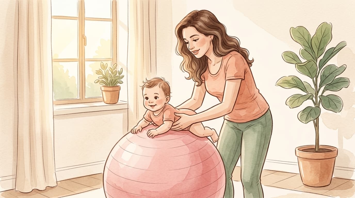 Mãe segurando o bebê de bruços na bola suíça para estimulação vestibular