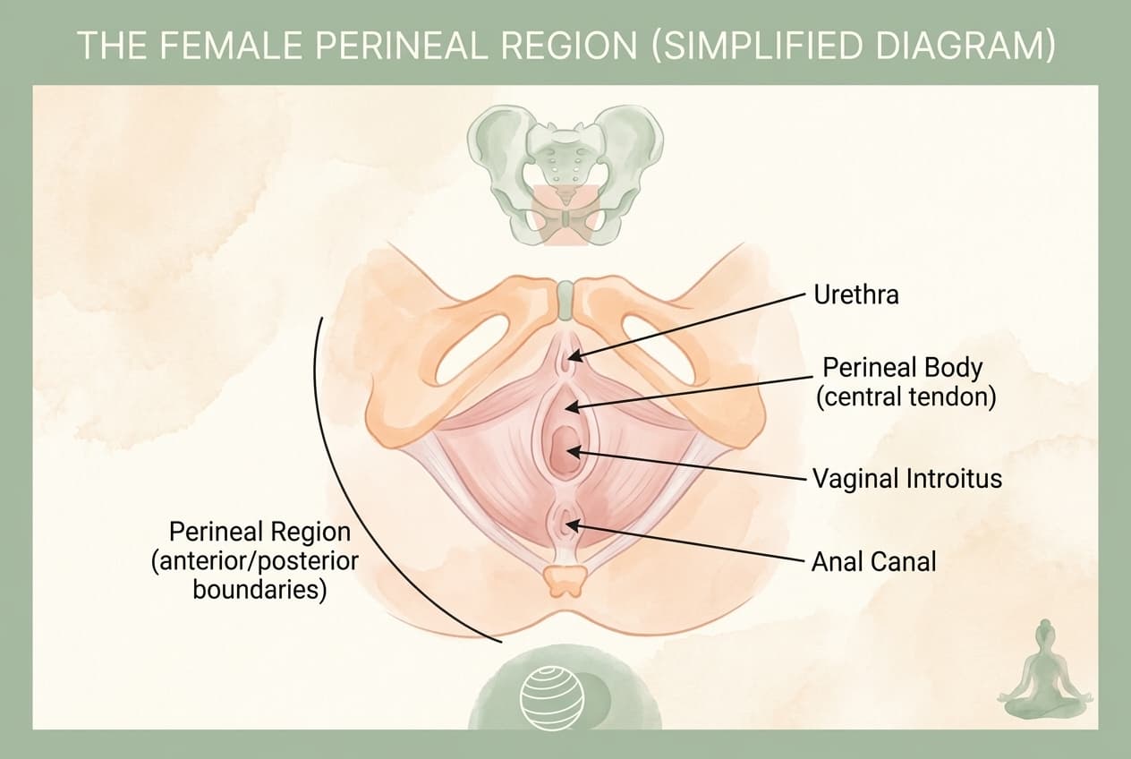Ilustração educacional simplificada da anatomia do períneo feminino, mostrando a região entre a vagina e o ânus