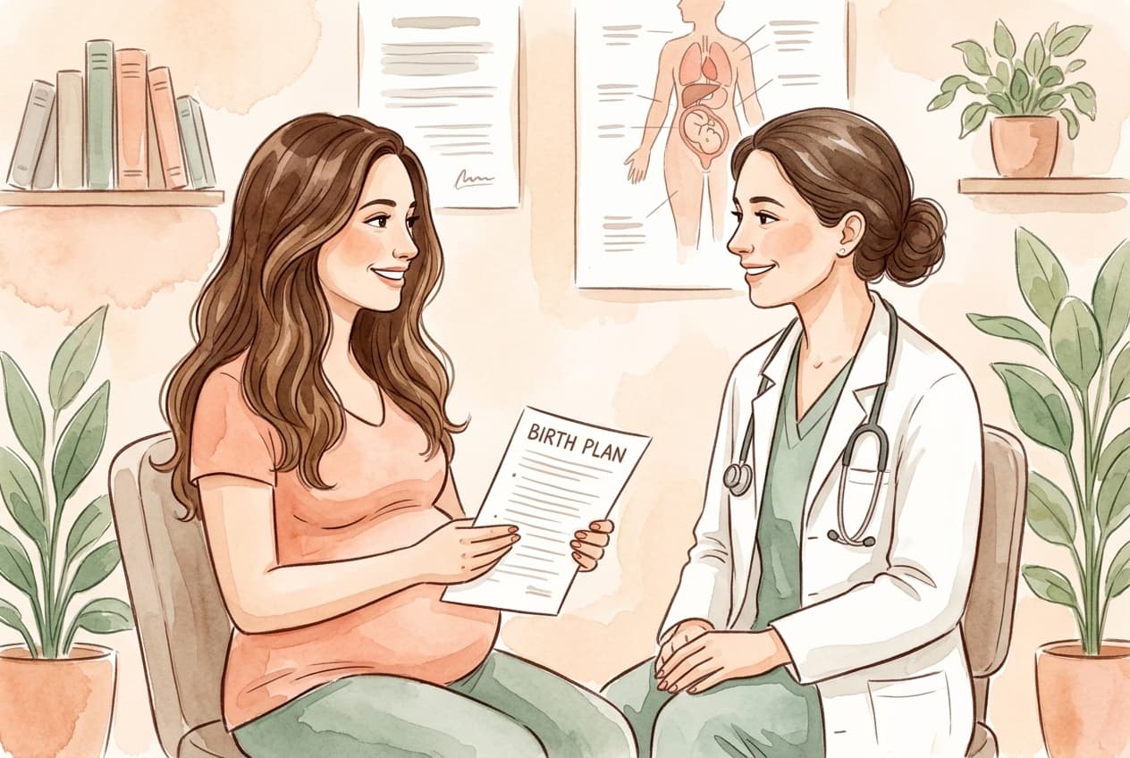 Gestante em conversa tranquila com o obstetra no consultório, segurando seu plano de parto, em ambiente de confiança