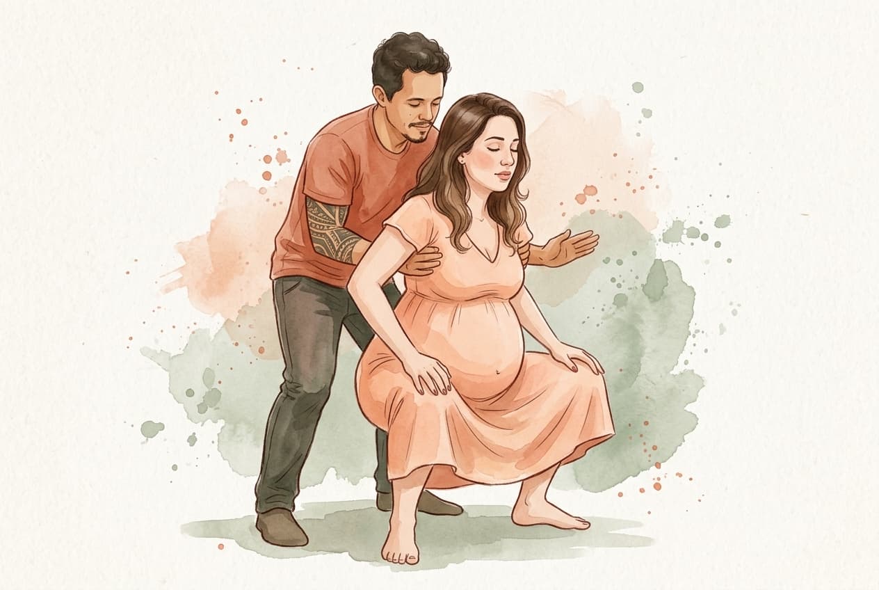 Ilustração em aquarela mostrando três posições confortáveis para o parto: agachamento com apoio do parceiro, quatro apoios e deitada de lado