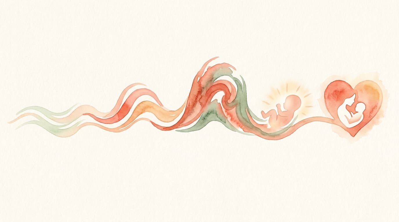 Infográfico em aquarela ilustrando as fases do parto: ondas suaves na fase latente, ondas mais fortes na fase ativa, pico intenso na transição, nascimento no expulsivo e coração mãe-bebê na golden hour