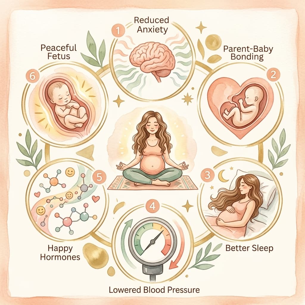 Infográfico em aquarela mostrando 6 benefícios da meditação na gestação: redução da ansiedade, vínculo mãe-bebê, melhora do sono, regulação da pressão arterial, equilíbrio hormonal e desenvolvimento fetal saudável