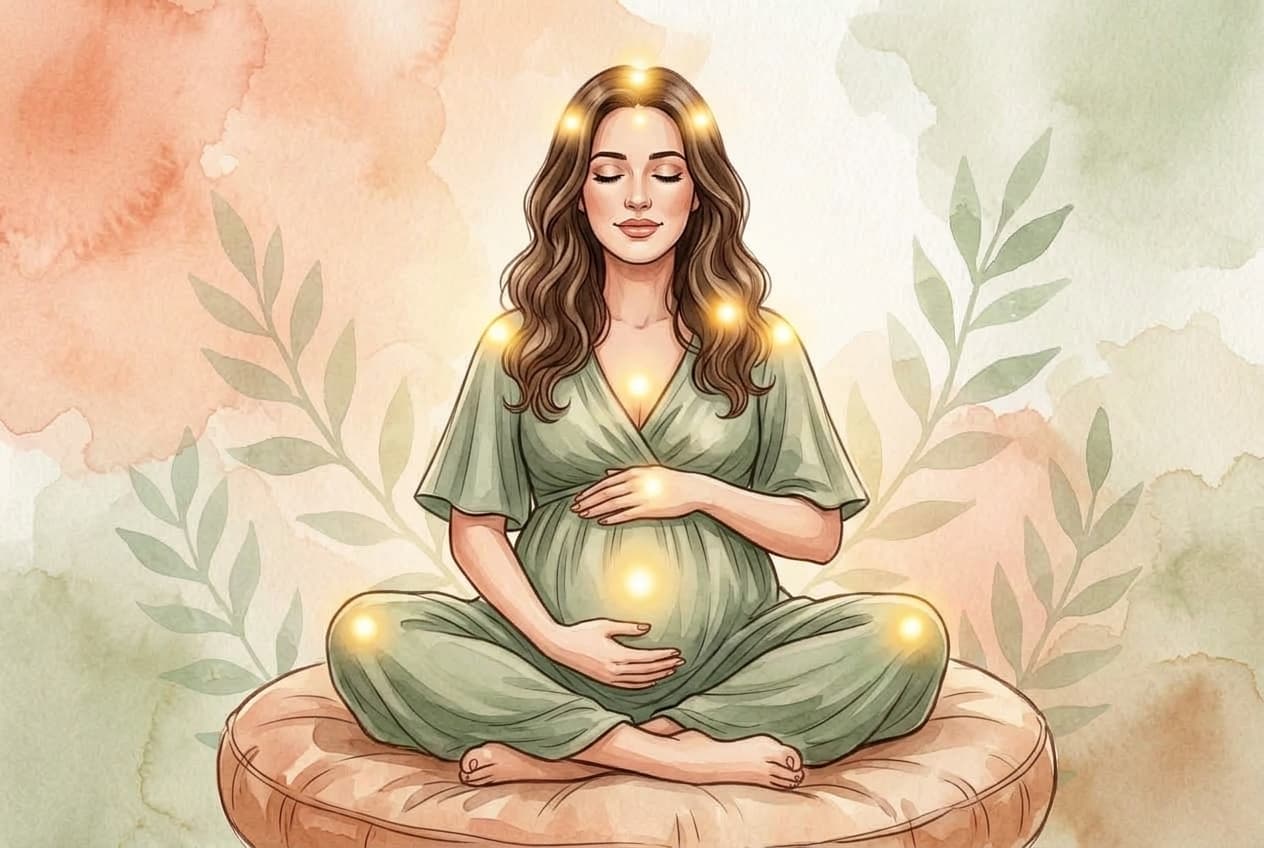 Gestante praticando body scan meditativo com pontos de luz suave iluminando diferentes regiões do corpo, desde a cabeça até os pés
