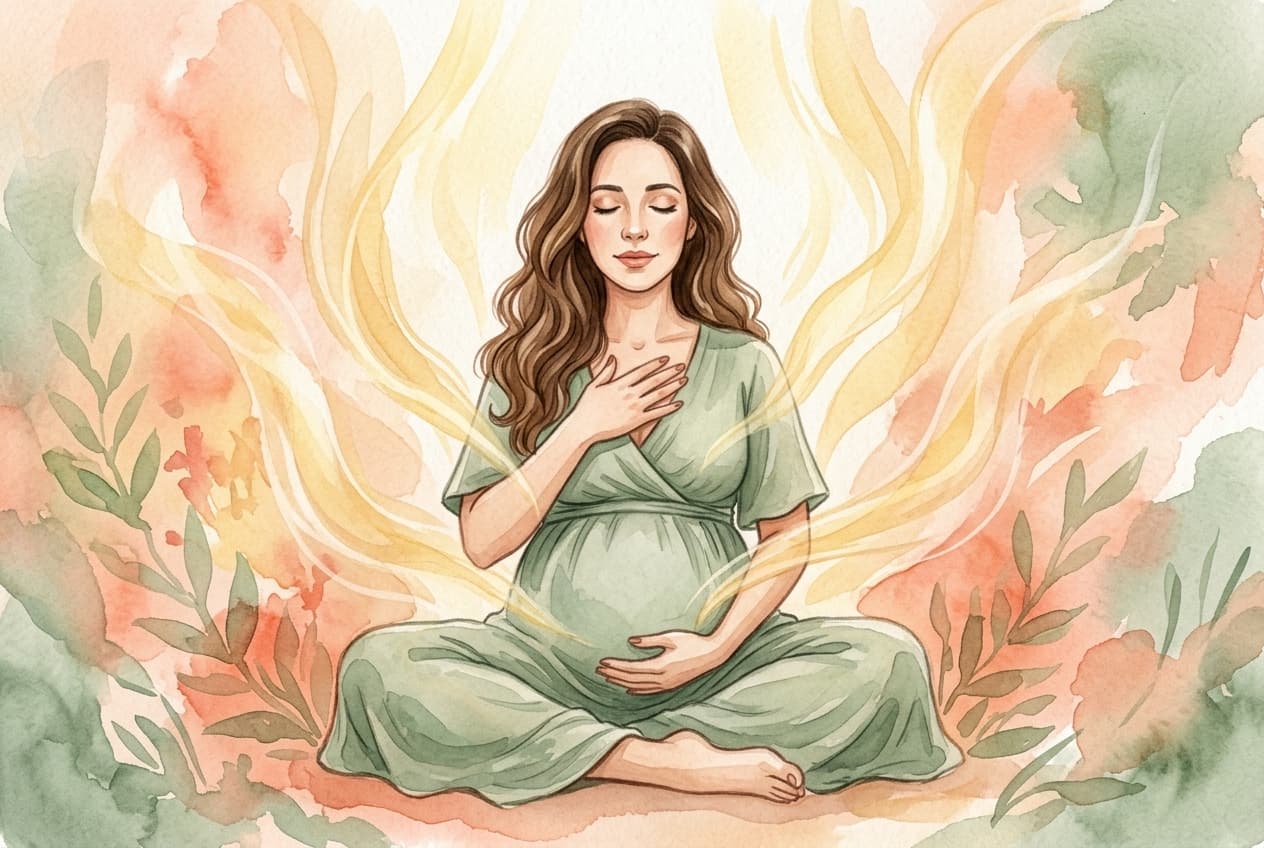 Gestante praticando respiração consciente com uma mão no peito e outra na barriga, envolvida por ondas douradas de luz representando calma e energia