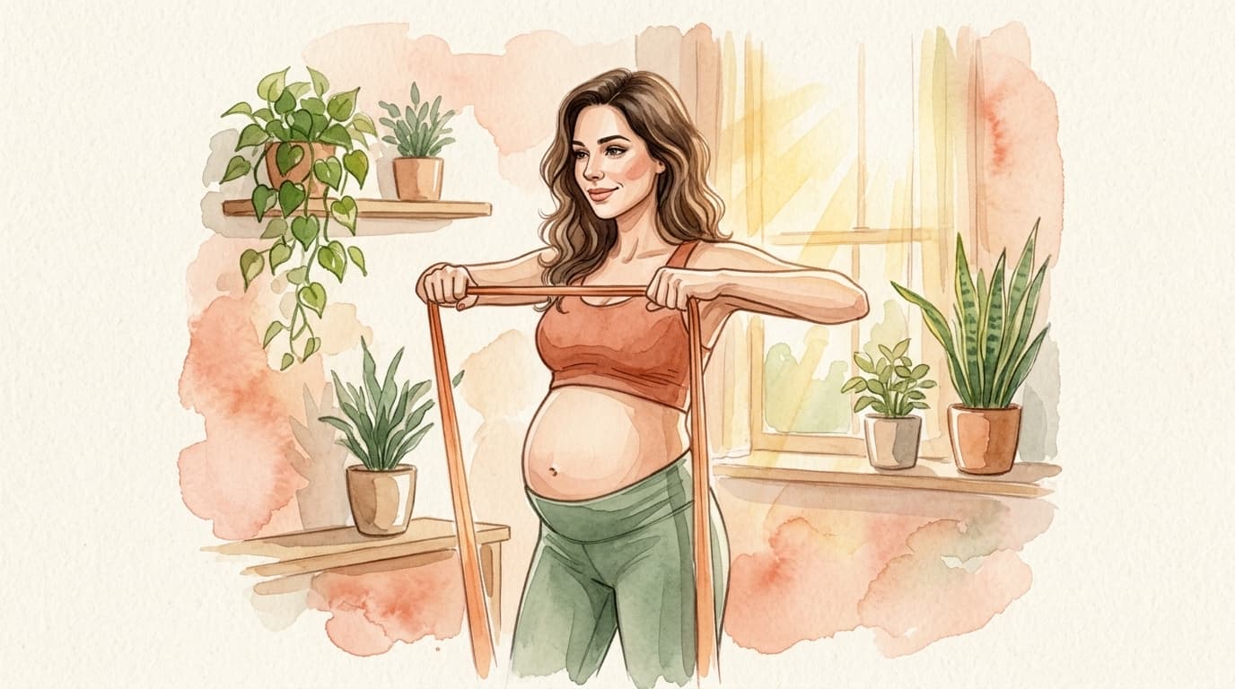 Gestante fazendo exercício de fortalecimento com faixa elástica