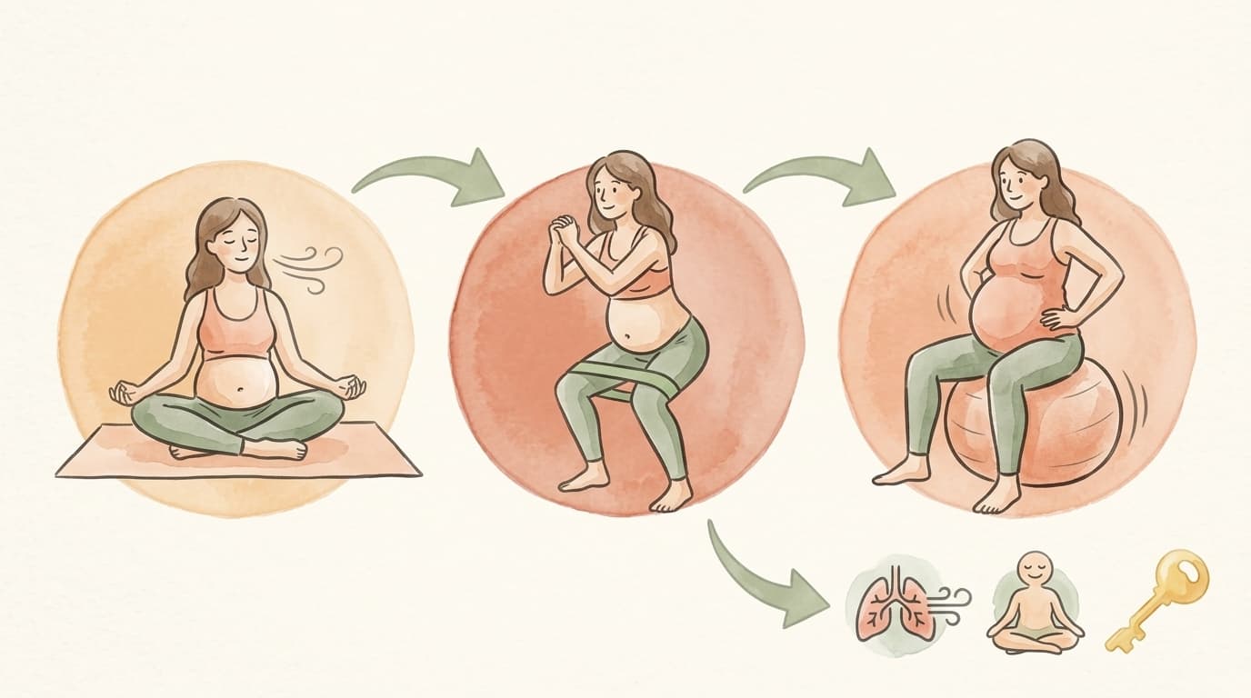 Ilustração dos três trimestres gestacionais com exercícios progressivos de Pilates