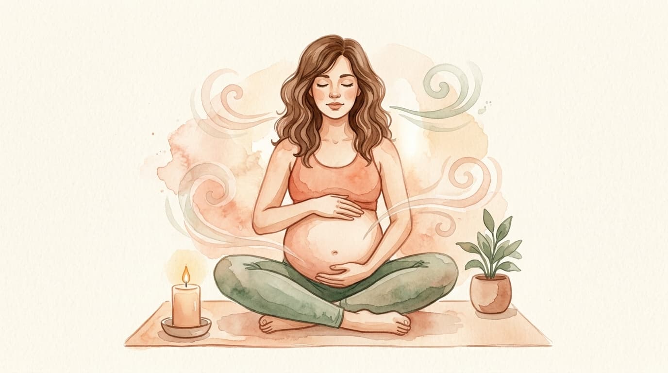 Gestante sentada em posição de meditação praticando respiração diafragmática