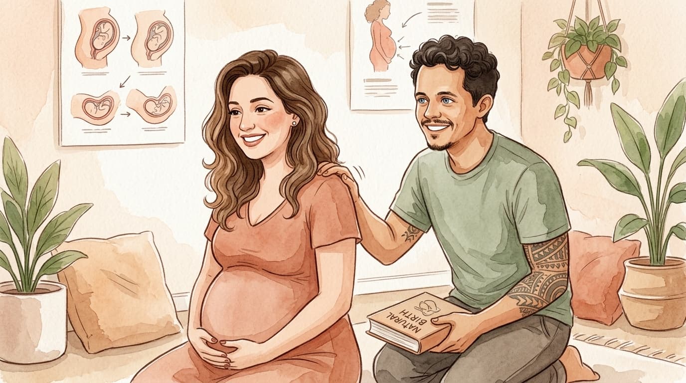 Casal grávido sorrindo, se preparando juntos para o momento do parto