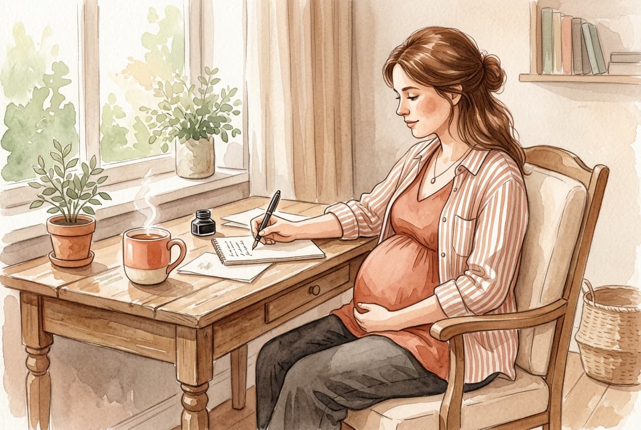 Mulher grávida escrevendo uma carta calmamente em uma mesa
