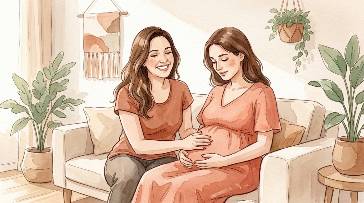 Priscilla Valadares ensinando uma gestante a se conectar com a barriga, ilustração em aquarela