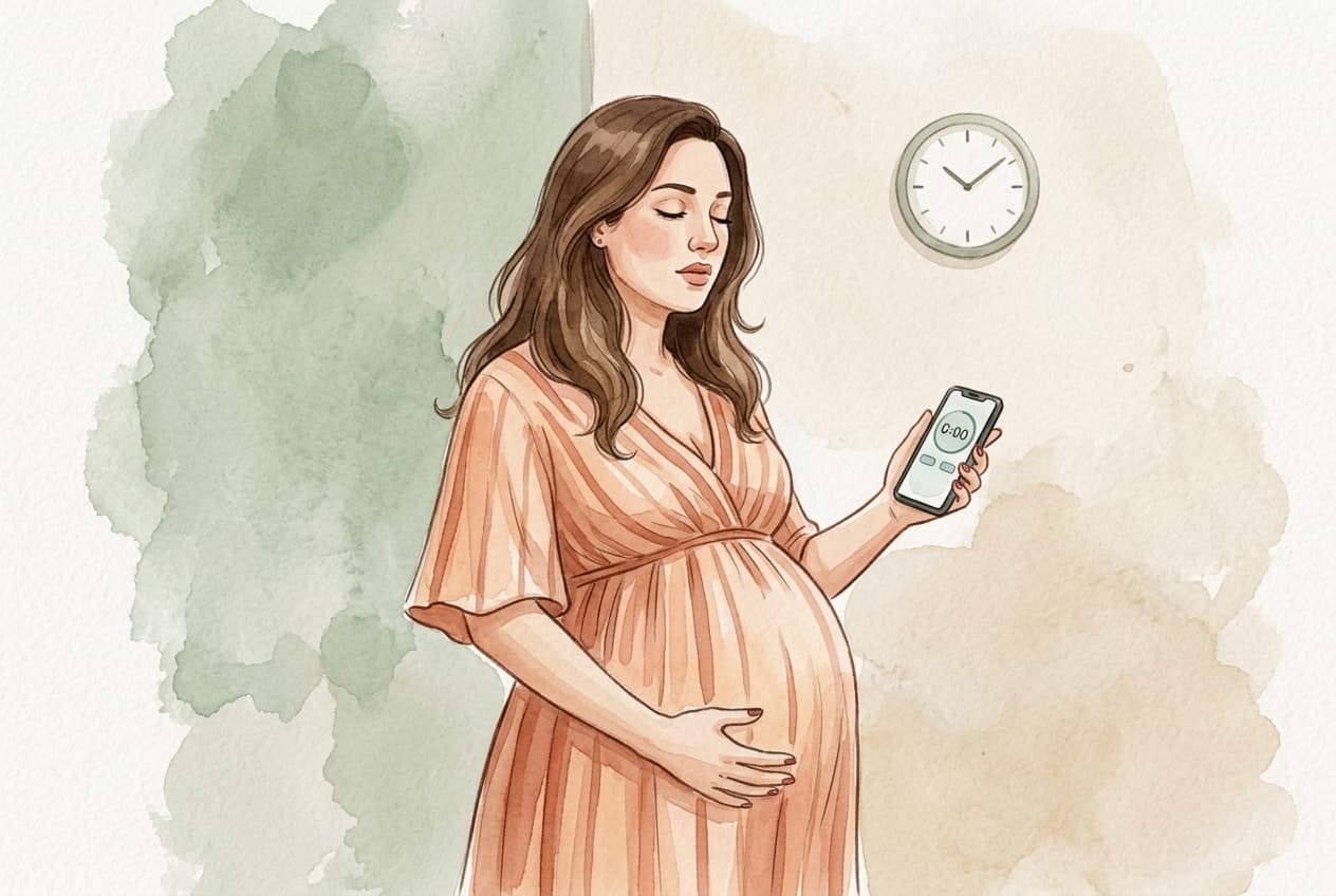 Mulher grávida respirando durante uma contração enquanto olha para o relógio do celular