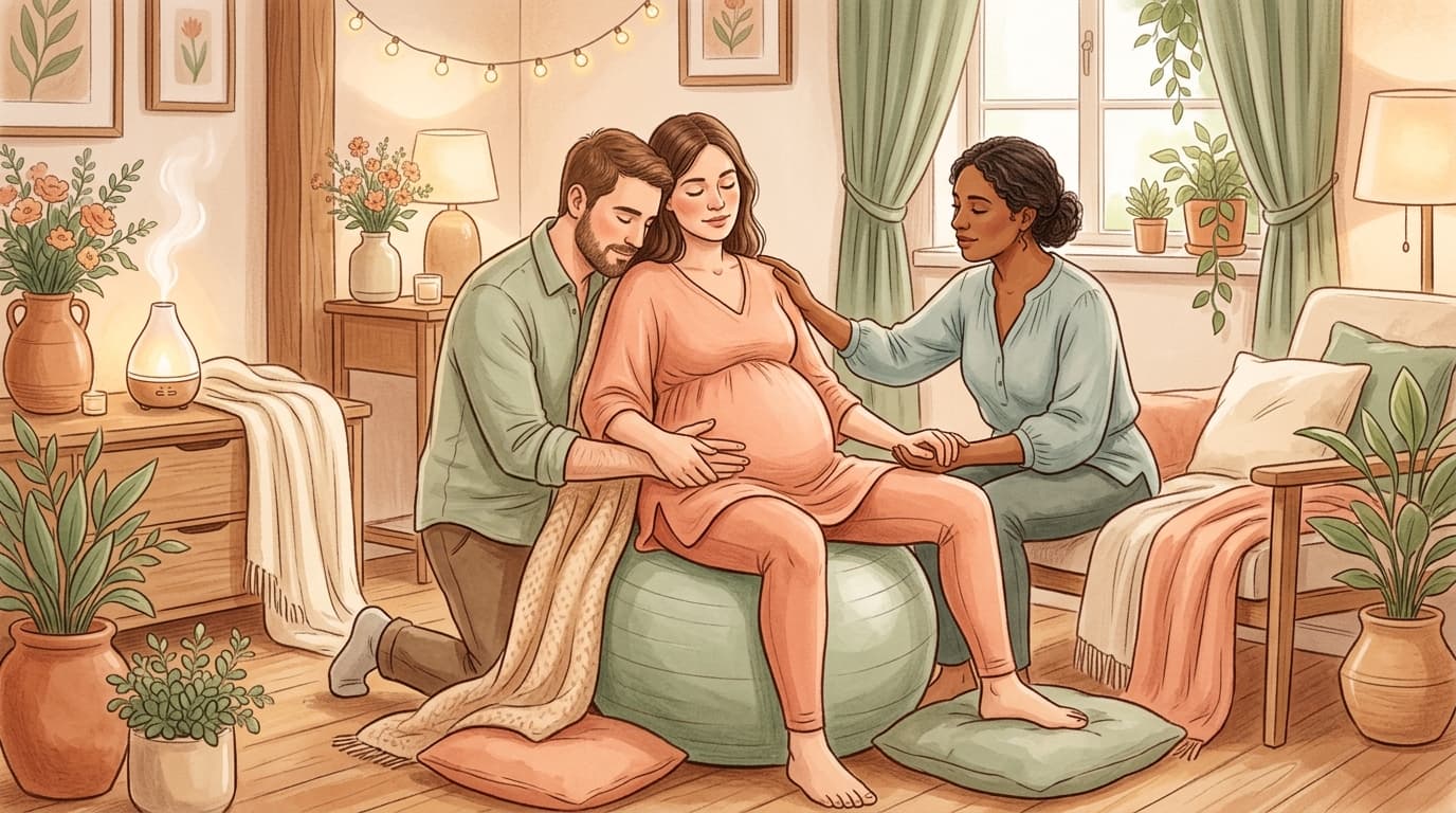 Mulher grávida se sentindo apoiada, empoderada e segura durante o parto, ilustração calorosa