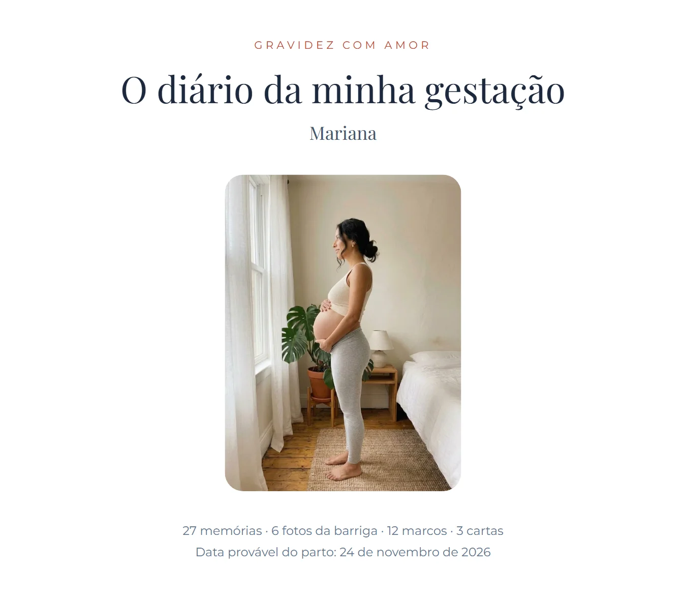 Capa do álbum em PDF do diário com o título O diário da minha gestação, nome da mãe e foto da barriga