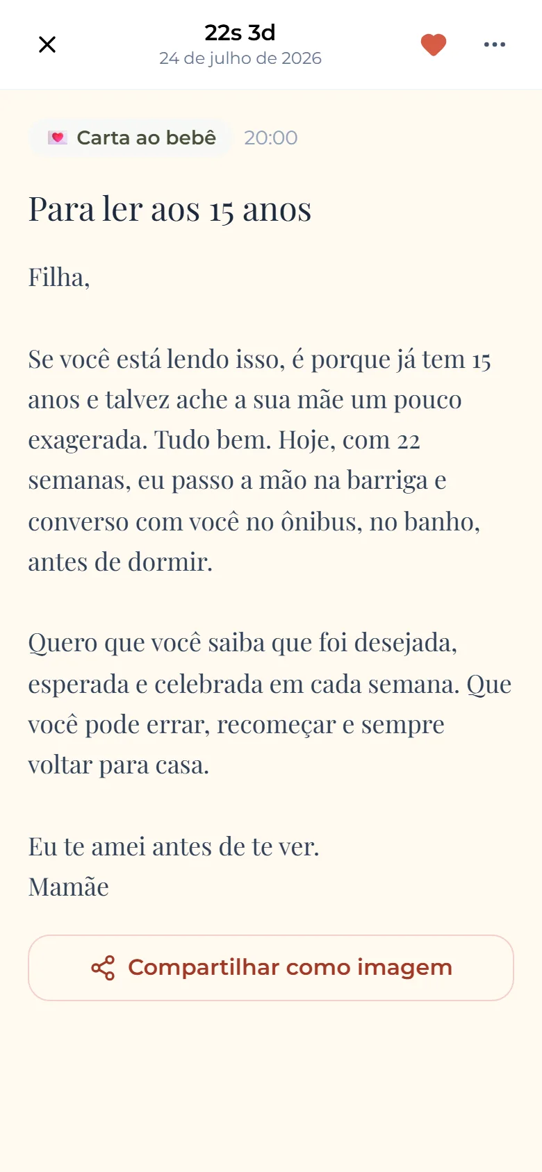 Carta ao bebê com o título Para ler aos 15 anos aberta no diário