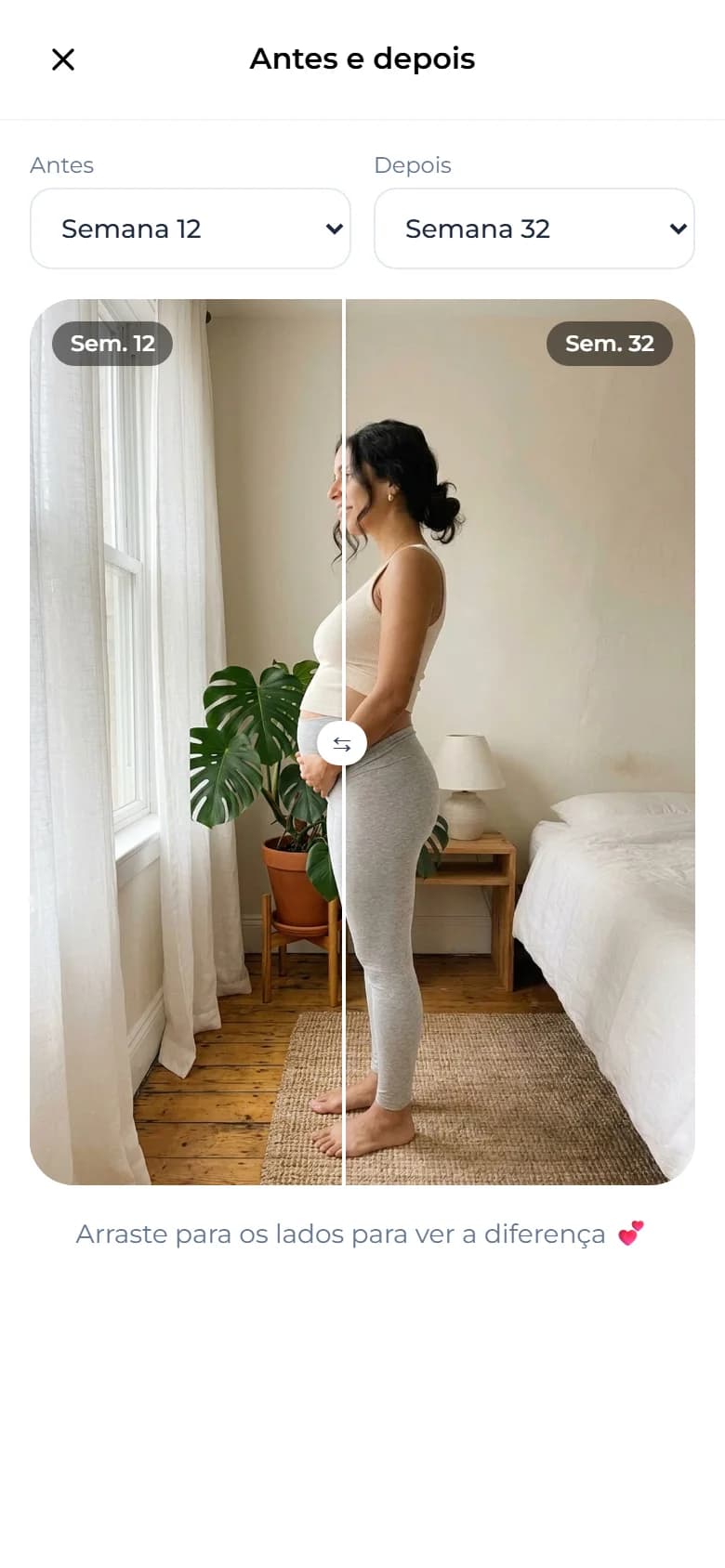 Comparador antes e depois com a barriga nas semanas 12 e 32