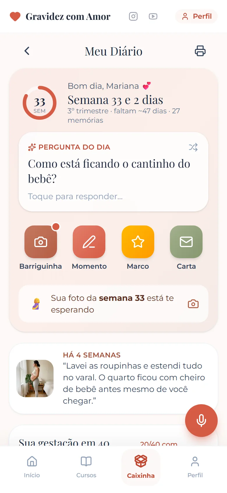 Tela inicial do diário de gravidez mostrando semana 33 e 2 dias, pergunta do dia e botões Barriguinha, Momento, Marco e Carta